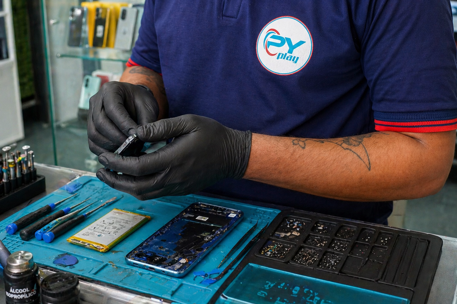 Técnico trabalhando no conserto de aparelhos na Py Play